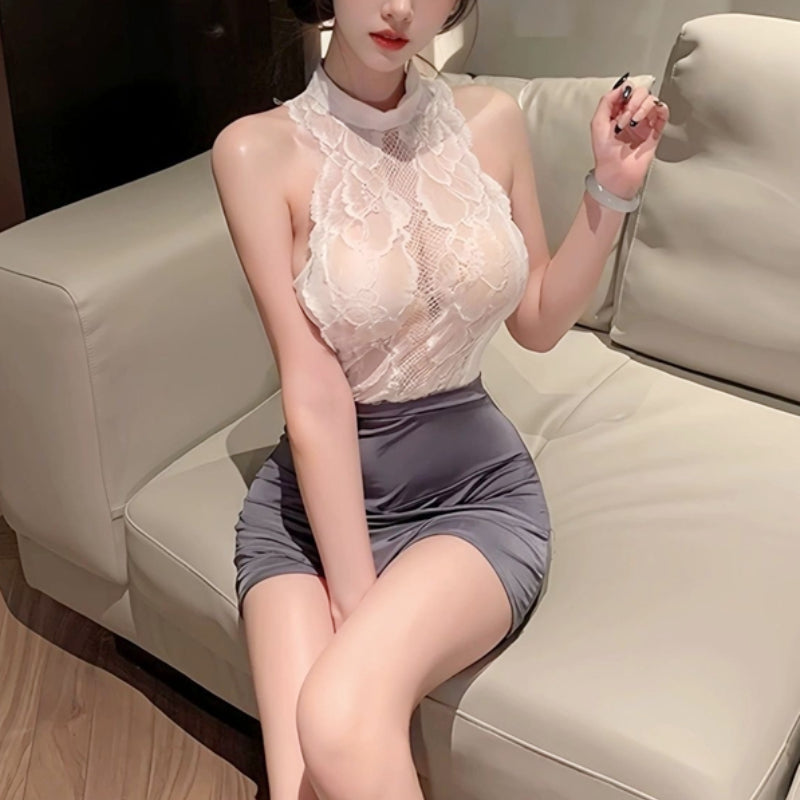 白×グレーの透け感が艶めく美人教師風セクシーOLコスチューム