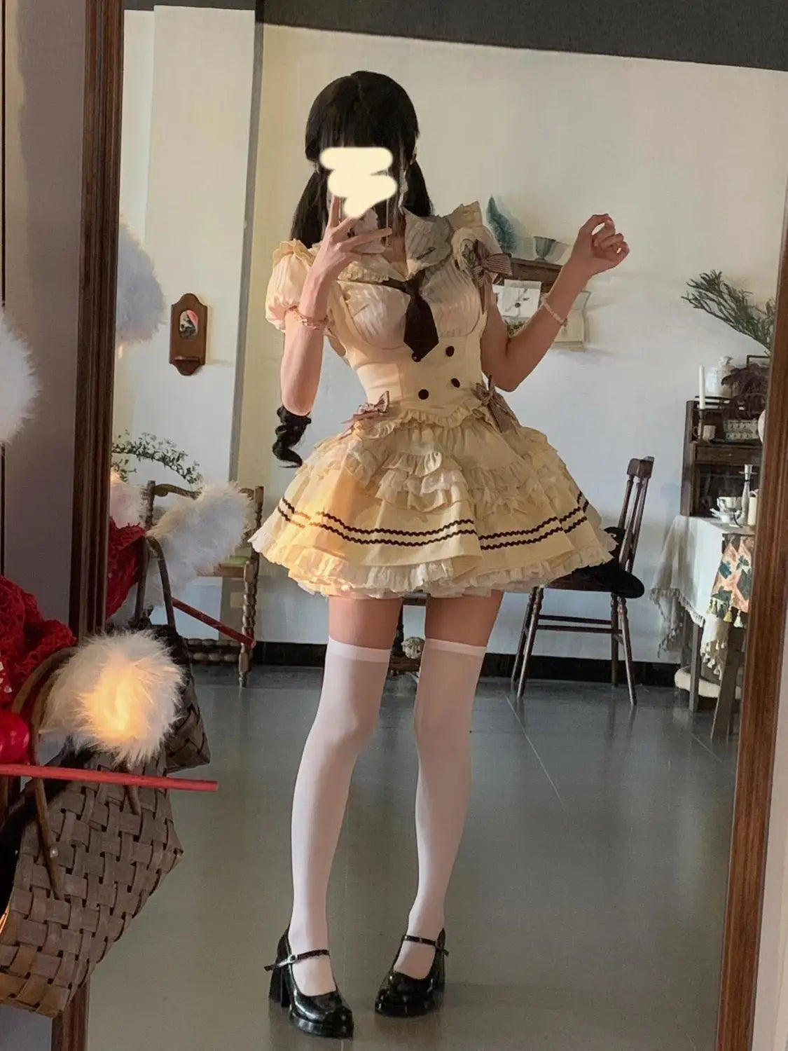 半袖トップ×プリーツスカートのメイド風コスチューム3点セット