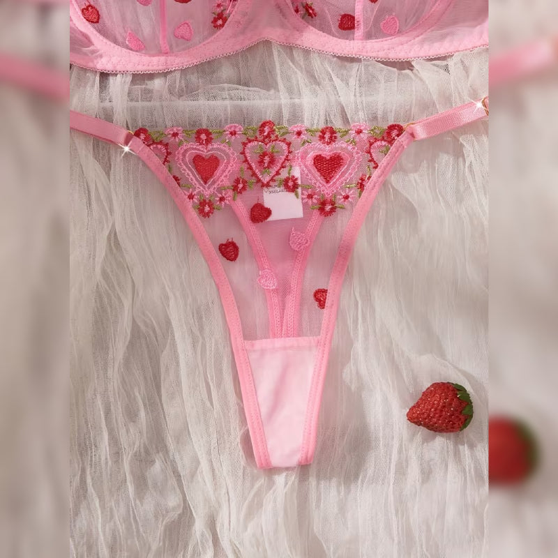 ハート刺繍シースルーブラ&Tバック セクシーランジェリーセット