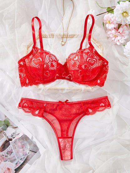 ハートレースを飾った大人のレースランジェリー2点セット