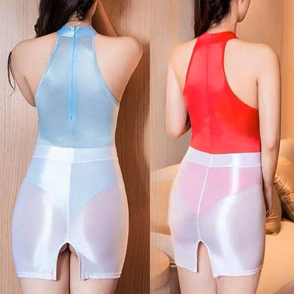 光沢感 レオタード ミニスカート