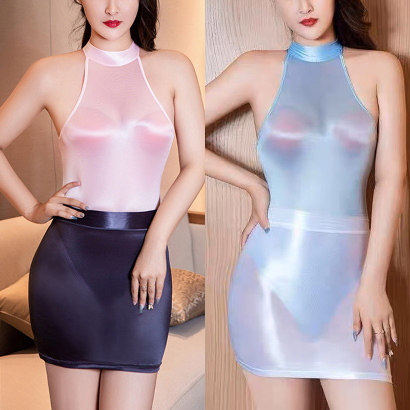 光沢感 レオタード ミニスカート