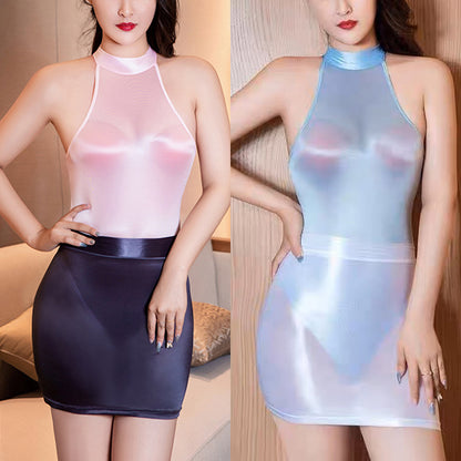 光沢感 レオタード ミニスカート