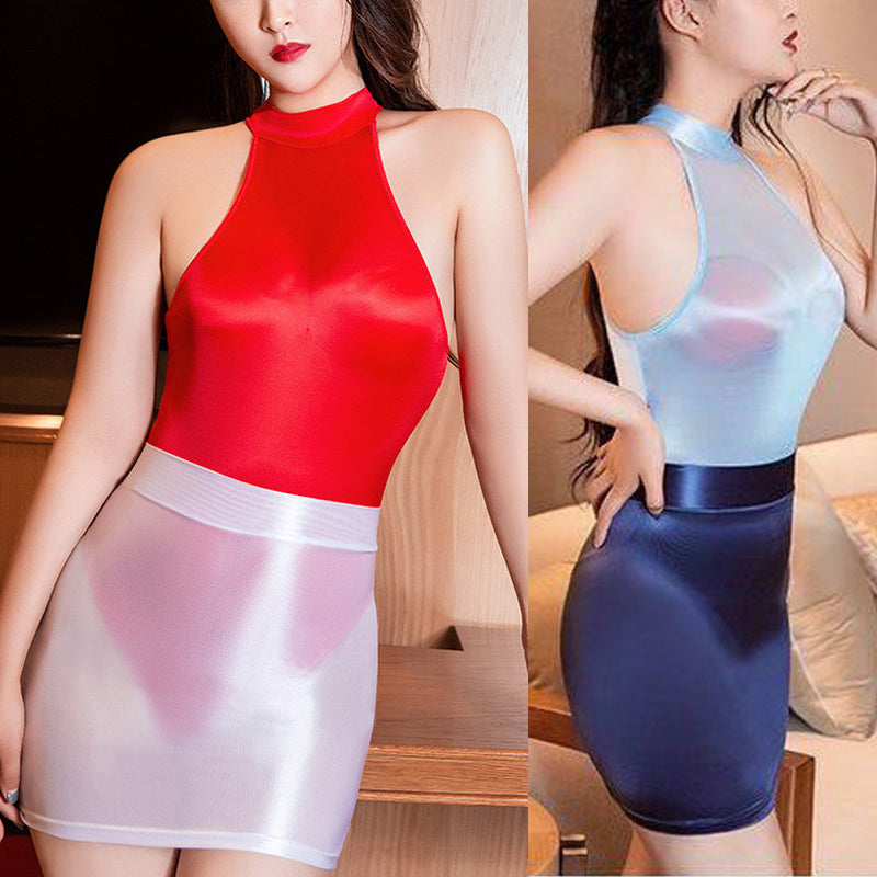 光沢感 レオタード ミニスカート