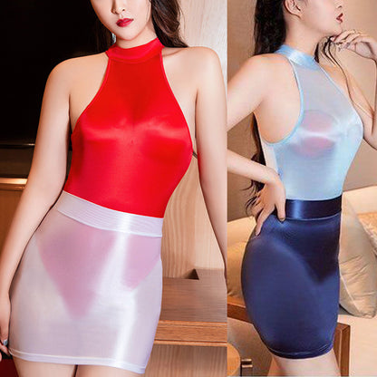 光沢感 レオタード ミニスカート