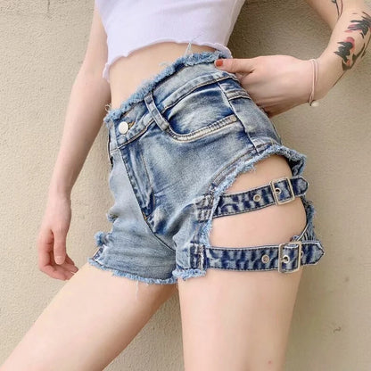 サイドベルトデザイン デニムミニパンツ