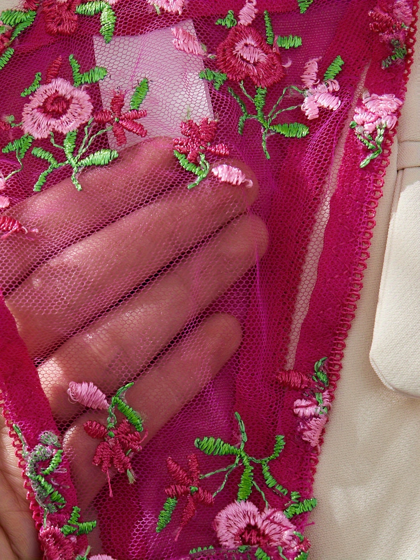 花柄刺繍×セミシアーのメッシュランジェリーセット