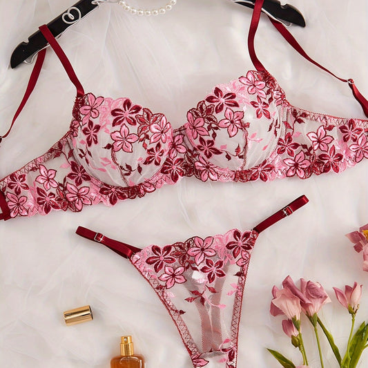 メッシュ刺繍が艶めく大人ランジェリー2点セット