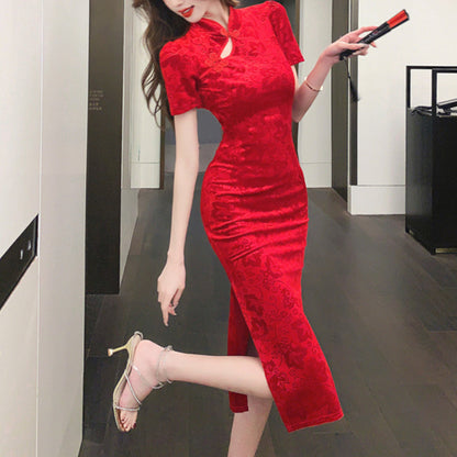 ベロア半袖チャイナドレス 膝丈パーティードレス