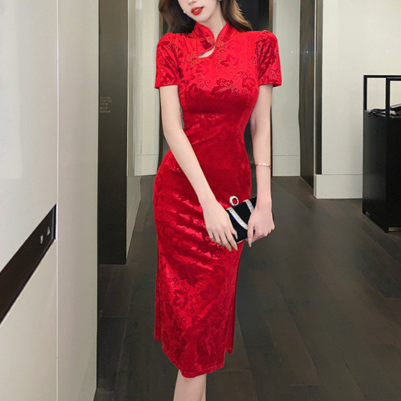 ベロア半袖チャイナドレス 膝丈パーティードレス