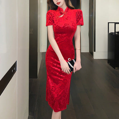 ベロア半袖チャイナドレス 膝丈パーティードレス