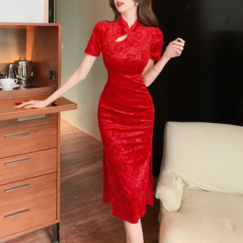 ベロア半袖チャイナドレス 膝丈パーティードレス