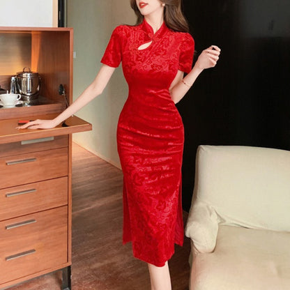 ベロア半袖チャイナドレス 膝丈パーティードレス