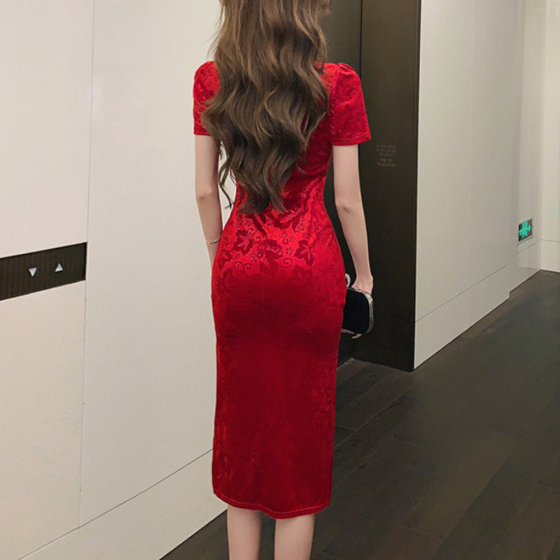 ベロア半袖チャイナドレス 膝丈パーティードレス