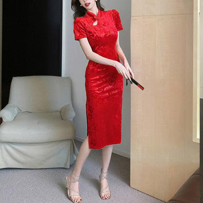 ベロア半袖チャイナドレス 膝丈パーティードレス