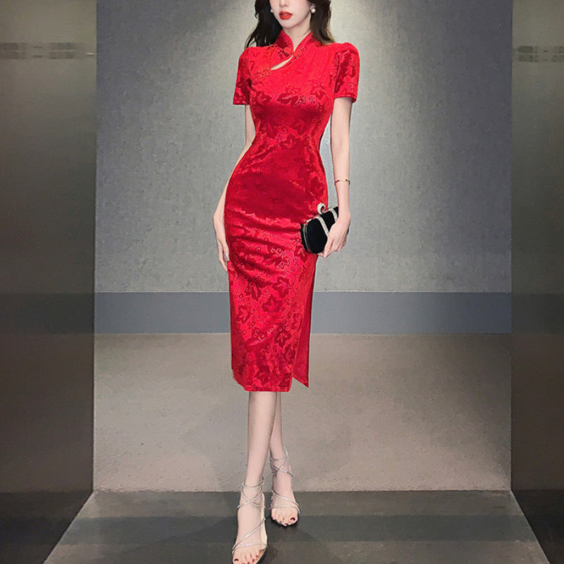 ベロア半袖チャイナドレス 膝丈パーティードレス