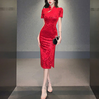 ベロア半袖チャイナドレス 膝丈パーティードレス