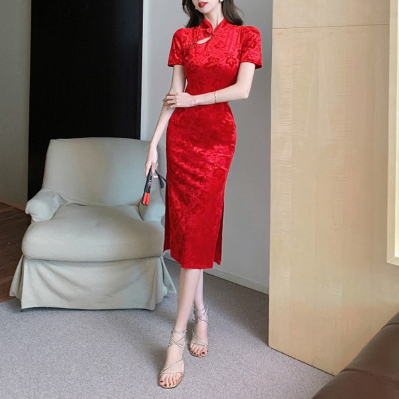 ベロア半袖チャイナドレス 膝丈パーティードレス