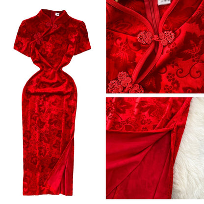 ベロア半袖チャイナドレス 膝丈パーティードレス