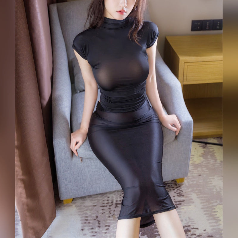 極薄透け素材の半袖トップ＆ロングスカートセクシーランジェリー