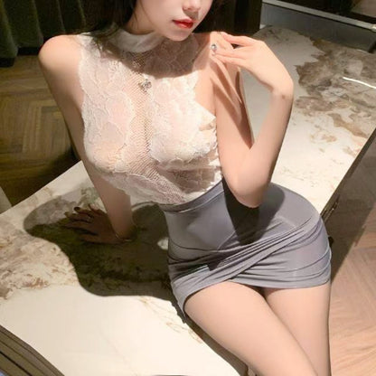 白×グレーの透け感が艶めく美人教師風セクシーOLコスチューム