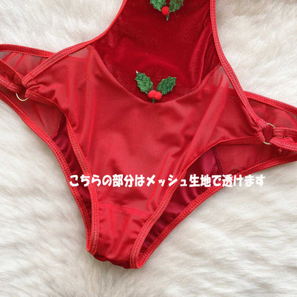 結び紐デザイン×ストレッチ素材のサンタ風レオタードコスチューム