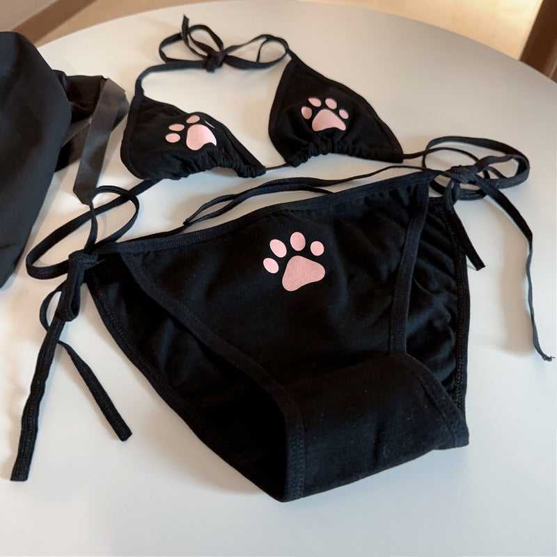 結び紐デザイン×ノンワイヤーの猫モチーフブラショーツセット