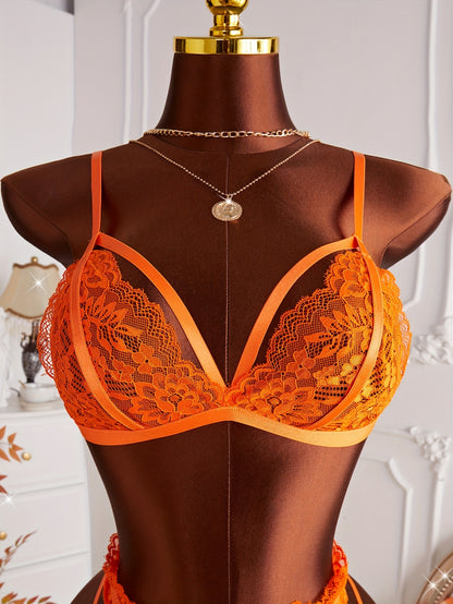 レース切替×ガーターベルト付きセミシアーランジェリー5点セット