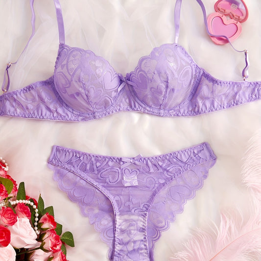 ハート柄レースブラ＆ショーツ エレガントランジェリーセット