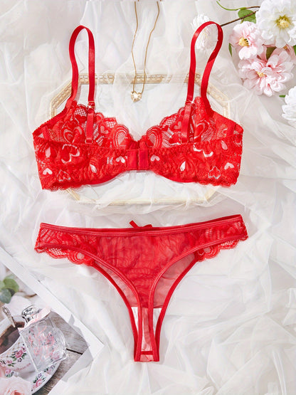 ハートレースを飾った大人のレースランジェリー2点セット
