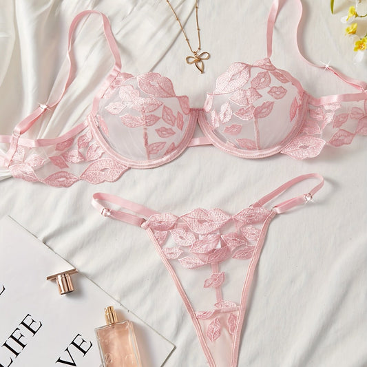 リップ刺繍ブラ＆Tバック セクシーランジェリーセット