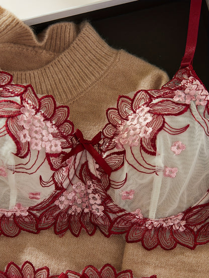 花柄刺繍×セミシアーのレースランジェリー2点セット