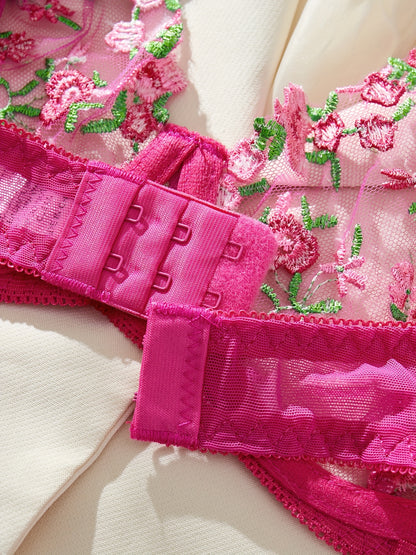 花柄刺繍×セミシアーのメッシュランジェリーセット