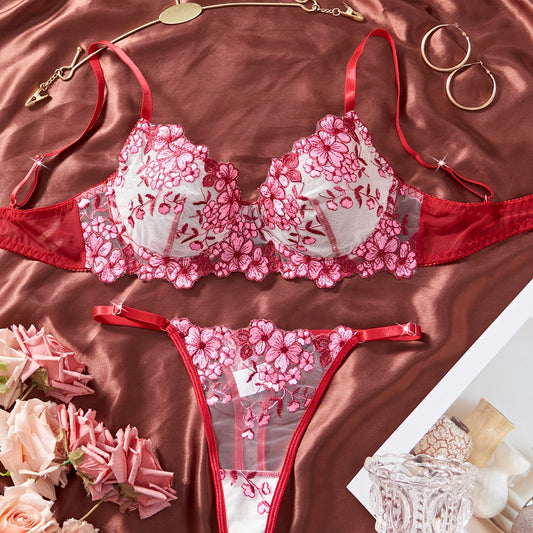 刺繍レースブラ＆ショーツ セクシーランジェリーセット