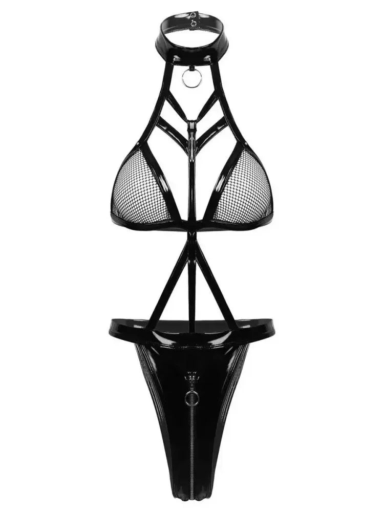 PUレザー×メッシュ切替のバンデージボディスーツ