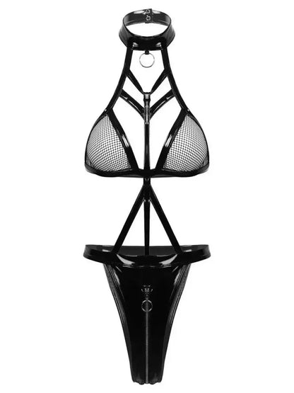 PUレザー×メッシュ切替のバンデージボディスーツ