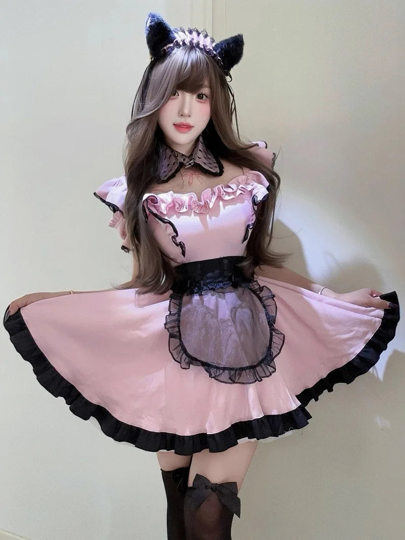 レースデザイン×リボン装飾のメイド風コスチュームセット