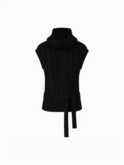 ハイネック×ベルト付きの厚手ニットベストトップス