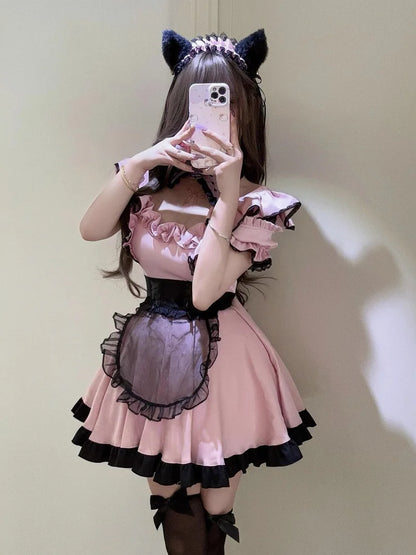 レースデザイン×リボン装飾のメイド風コスチュームセット