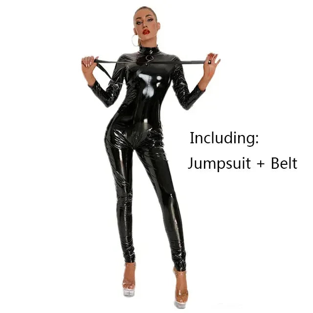 PUレザー調×ジップデザインのボディスーツジャンプスーツ