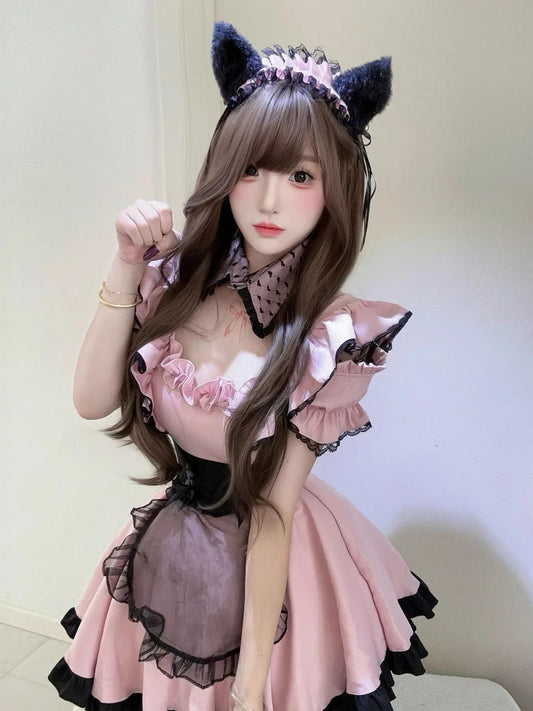 レースデザイン×リボン装飾のメイド風コスチュームセット