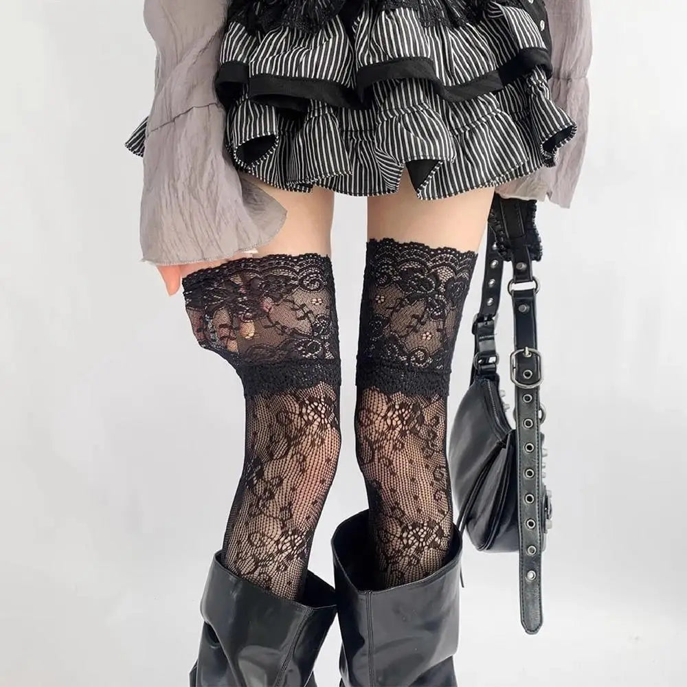 フラワーレース×フィッシュネットのサイハイストッキング