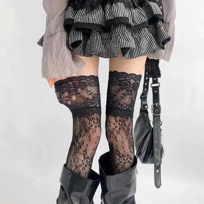 フラワーレース×フィッシュネットのサイハイストッキング