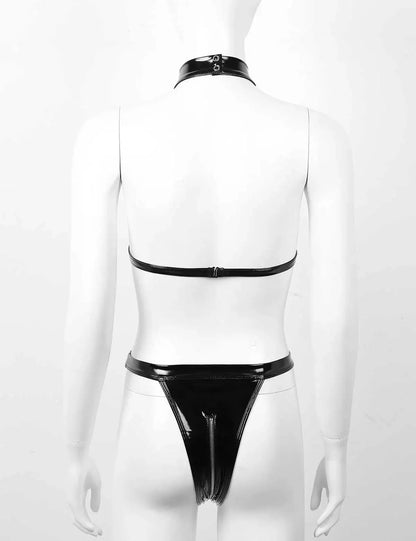 PUレザー×メッシュ切替のバンデージボディスーツ