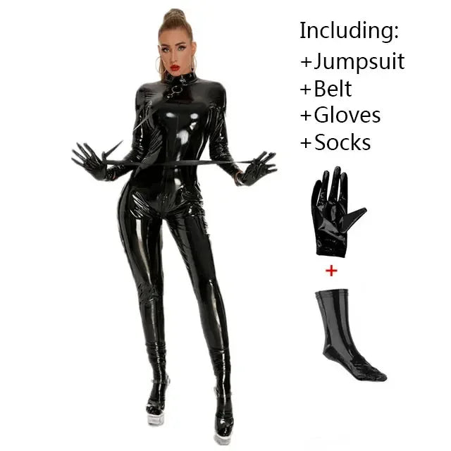 PUレザー調×ジップデザインのボディスーツジャンプスーツ