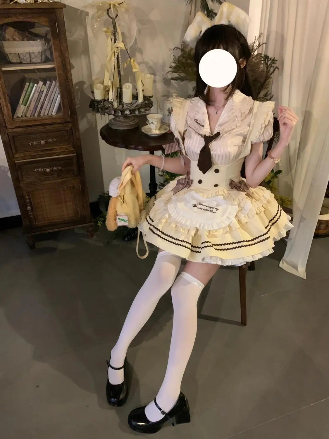 半袖トップ×プリーツスカートのメイド風コスチューム3点セット
