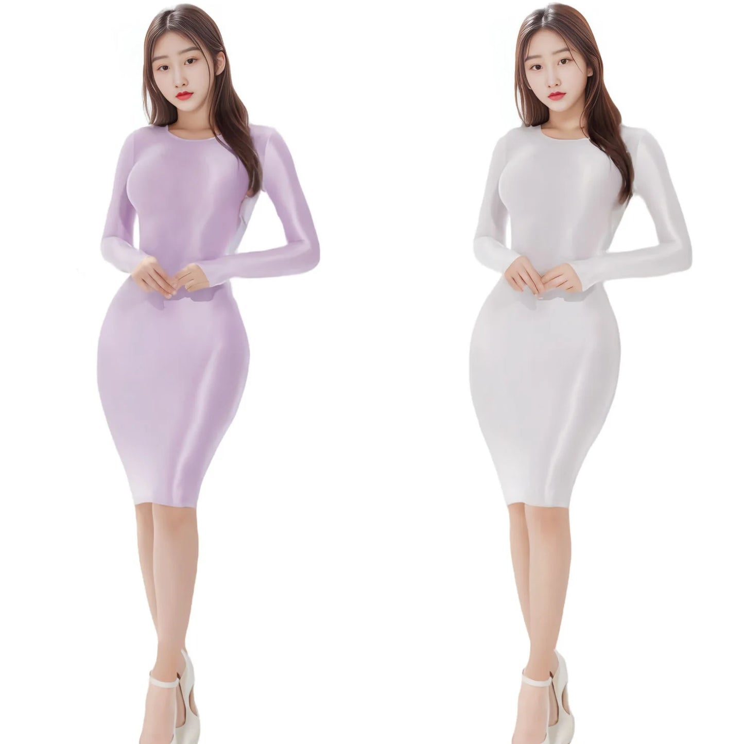 光沢素材×タイトフィットの長袖ボディコンミニワンピース