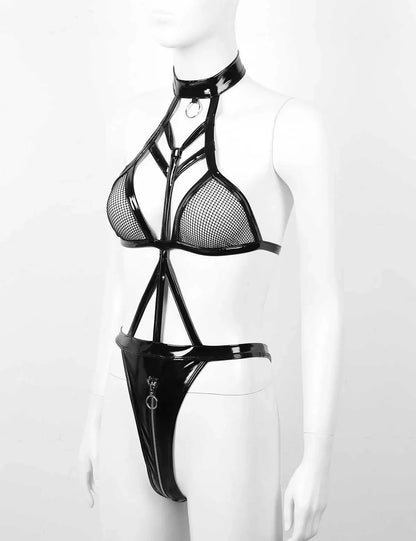 PUレザー×メッシュ切替のバンデージボディスーツ