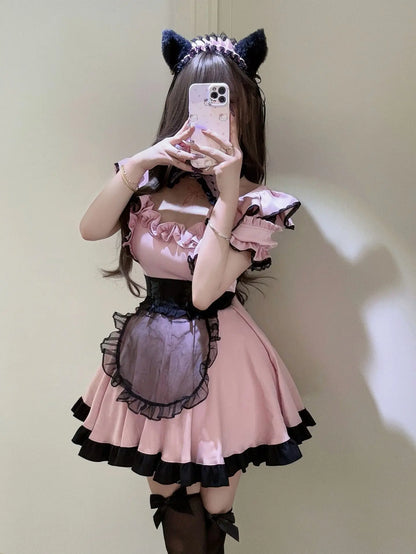 レースデザイン×リボン装飾のメイド風コスチュームセット
