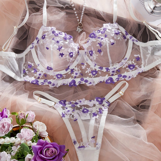 花柄刺繍メッシュブラ＆ショーツ セクシーランジェリーセット